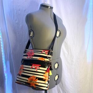Sakroots Artist Designed Crossbody Bag, Black and White Striped Colorful Flowers